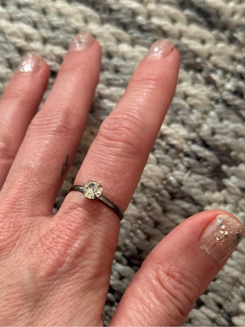Vintage Crystal silver band solitaire Ring adjustable Sz 7
